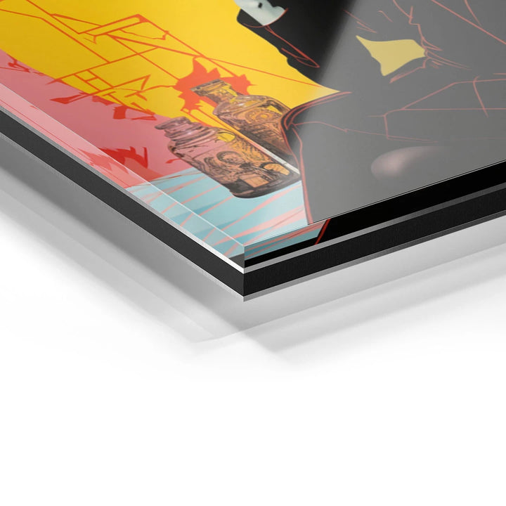 Detailansicht Acrylglas-Wandbild mit bunter Kunst, Flaschenmotiv und moderner Illustration