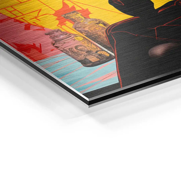 Detailansicht modernes Wandbild auf Aluminium mit buntem Pop Art Motiv und gebürsteter Oberfläche
