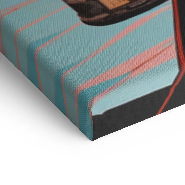 Nahaufnahme einer bedruckten Leinwand mit blauen und rosa Linien, moderne Wandkunst