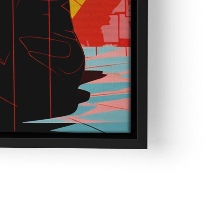 Modernes Wandbild mit abstrakten farbigen Formen in Schwarz, Rot und Blau, schwarzer Rahmen