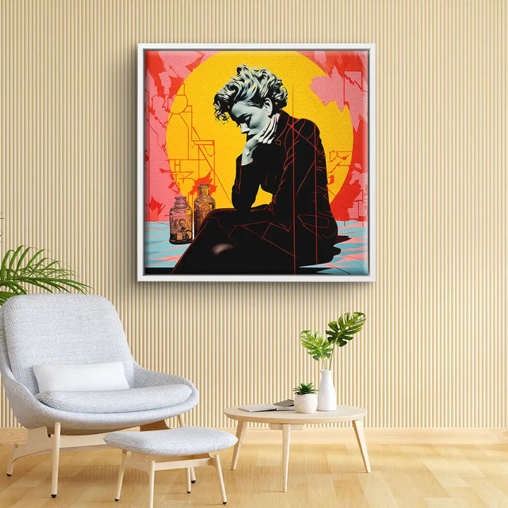 Modernes Wandbild mit nachdenklicher Frau vor gelbem Kreis, Pop Art Stil im Wohnzimmer