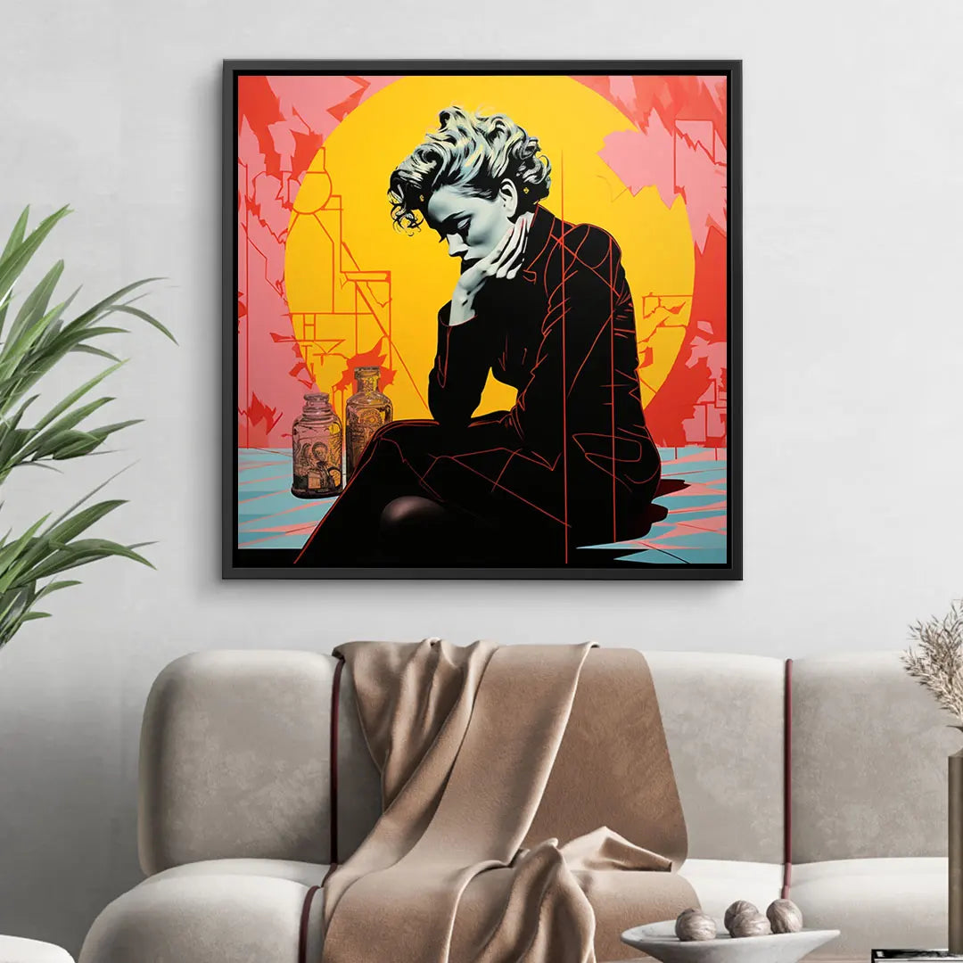 Modernes Wandbild mit nachdenklicher Frau, Pop Art Stil, leuchtende Farben, Wohnzimmerdeko