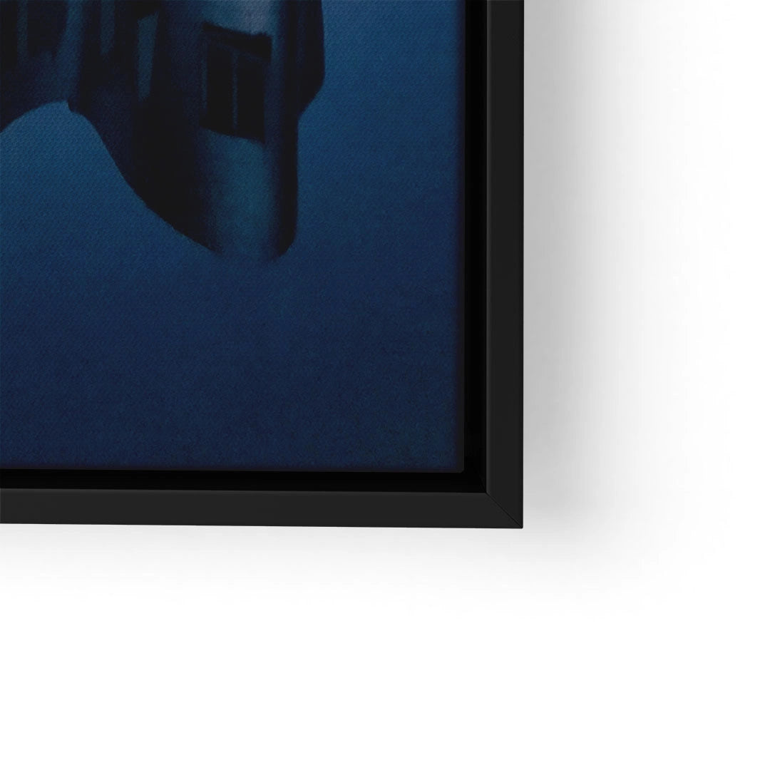 Modernes Wandbild mit abstraktem blauen Turm-Motiv im schwarzen Rahmen