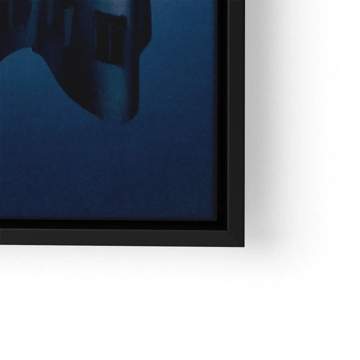 Modernes Wandbild mit abstraktem blauen Turm-Motiv im schwarzen Rahmen