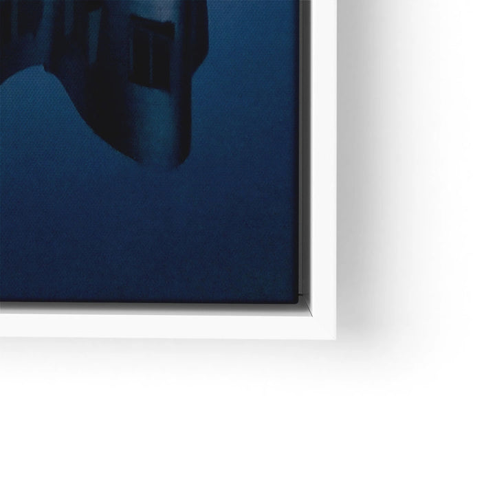 Moderne Wandbild-Kunst mit abstraktem Turm-Design auf dunklem, blauem Hintergrund im weißen Rahmen