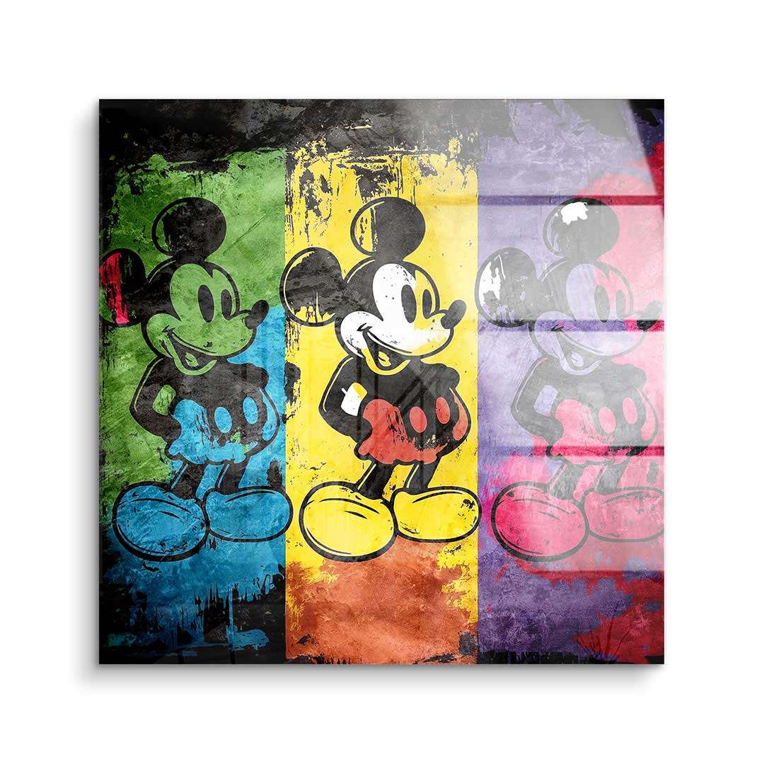 Modernes Wandbild mit Tripel Micky Maus Motiv im Pop Art Stil, bunt auf Acrylglas