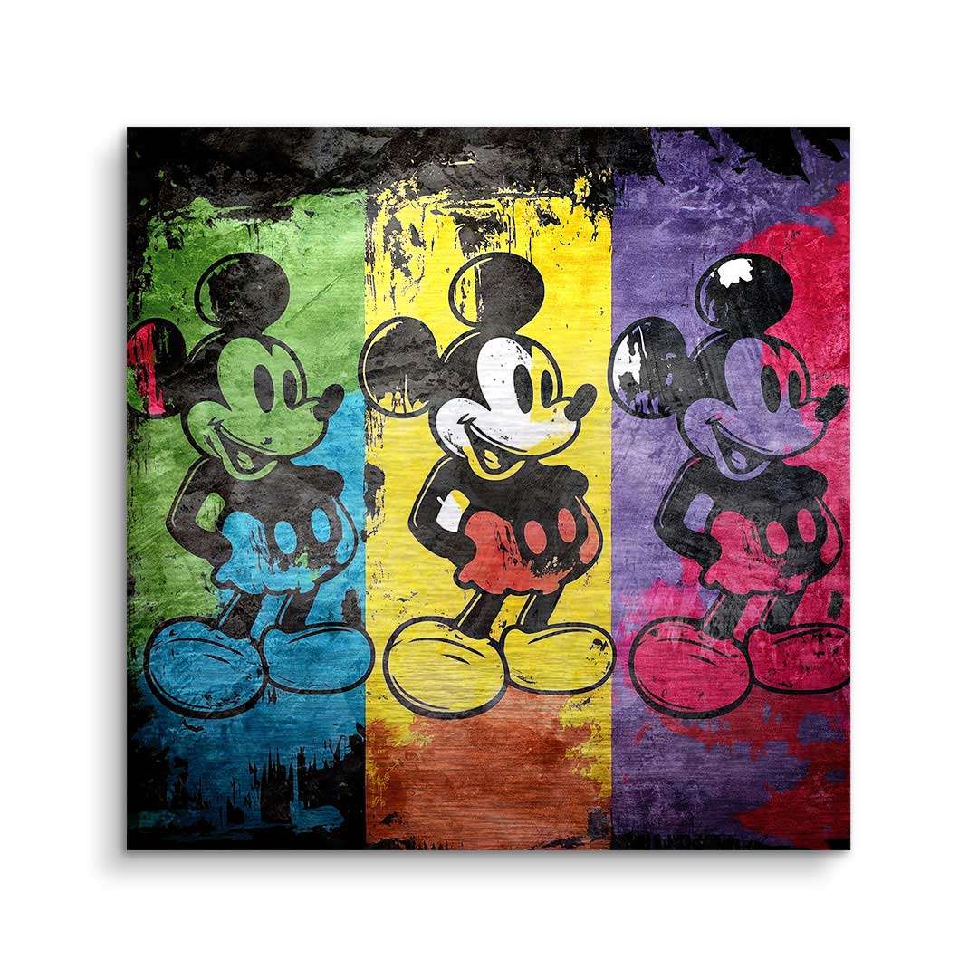 Pop Art Wandbild mit dreifachem Comic-Maus Motiv vor buntem Hintergrund