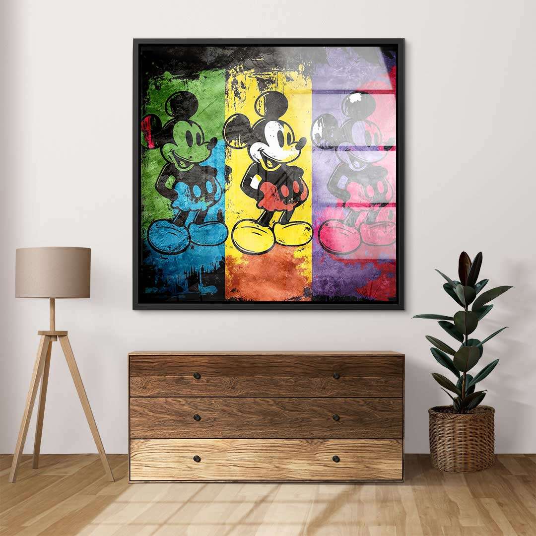 Modernes Wandbild mit dreifachem Comic-Motiv in bunten Farben, Wohnzimmer-Deko