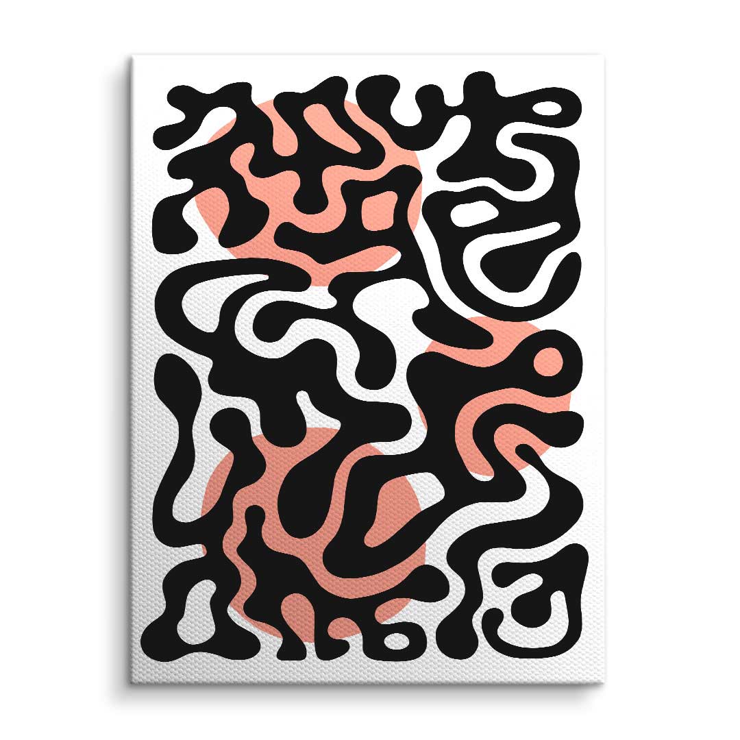 Abstraktes Wandbild mit schwarzen, geschwungenen Linien auf rosa-weißem Hintergrund, moderne Kunst
