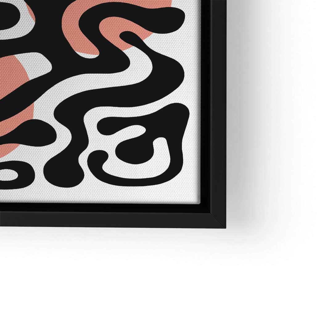 Modernes Wandbild mit abstraktem schwarzen Muster und rosa Akzent auf weißer Leinwand