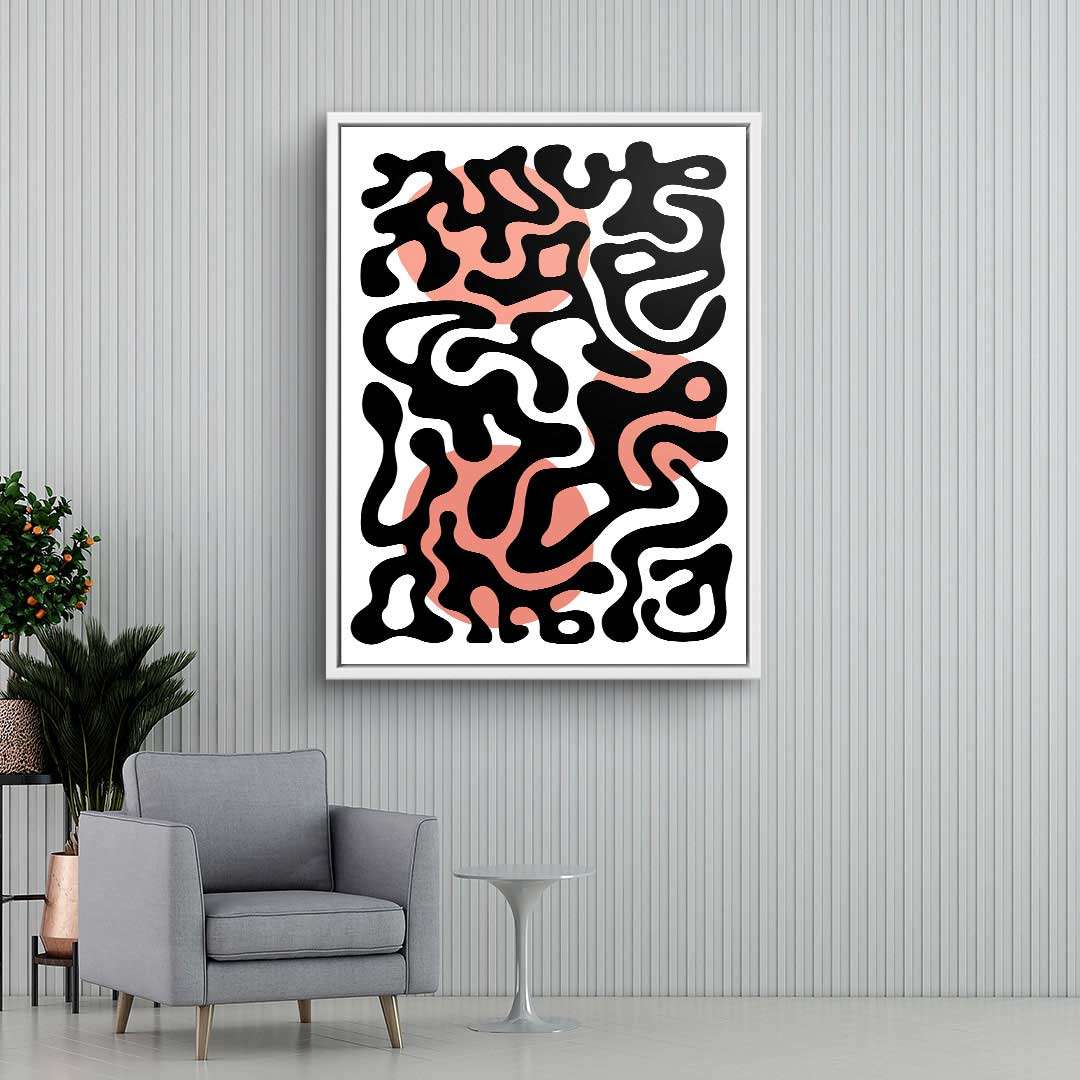Abstraktes Wandbild mit schwarzen und rosa geschwungenen Linien im modernen Wohnzimmer