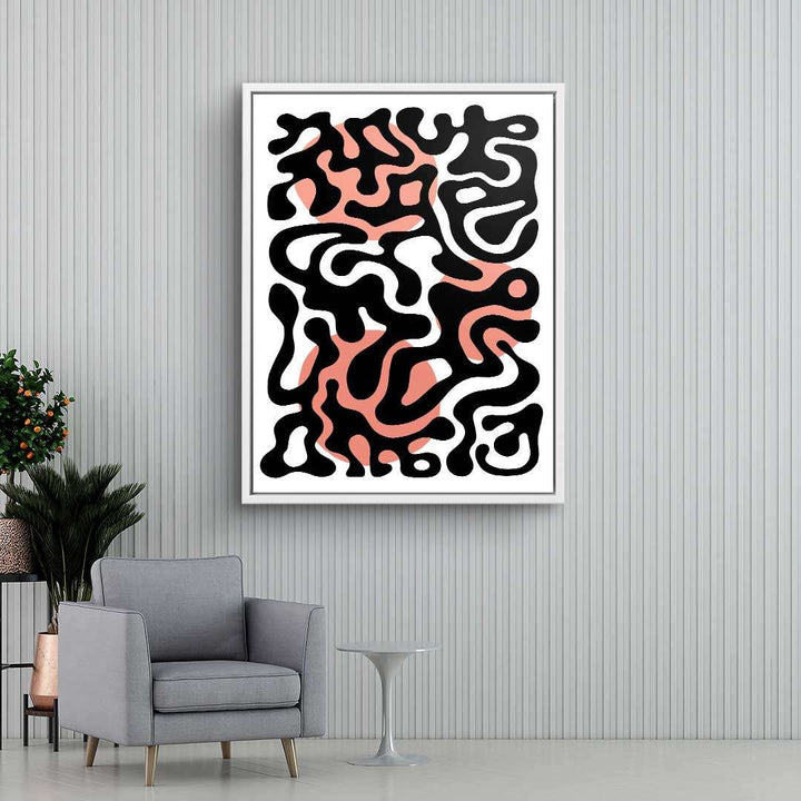 Abstraktes Wandbild mit schwarzen und rosa geschwungenen Linien im modernen Wohnzimmer