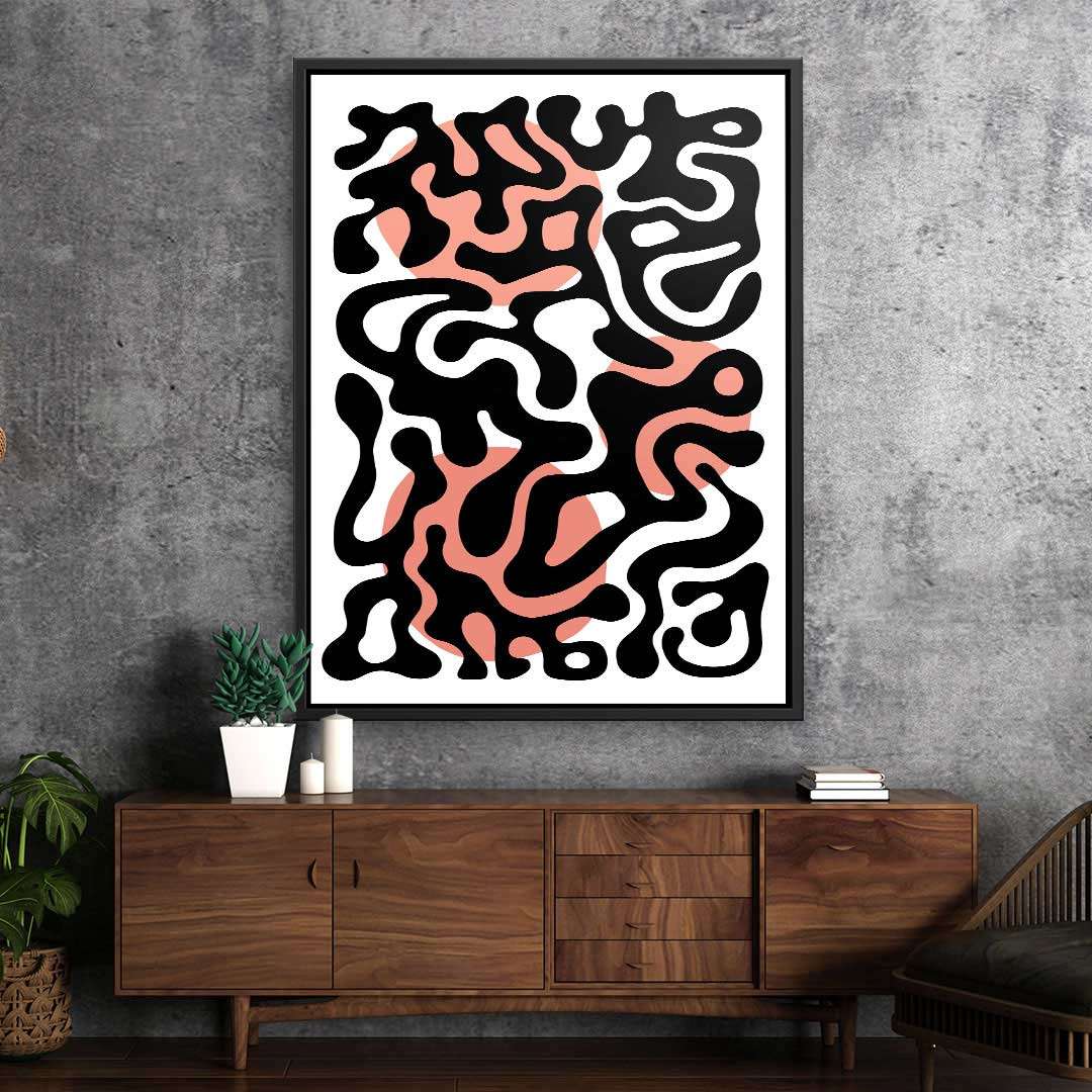Abstraktes Wandbild mit geschwungenen schwarzen Linien und rosa Akzenten im modernen Wohnzimmer