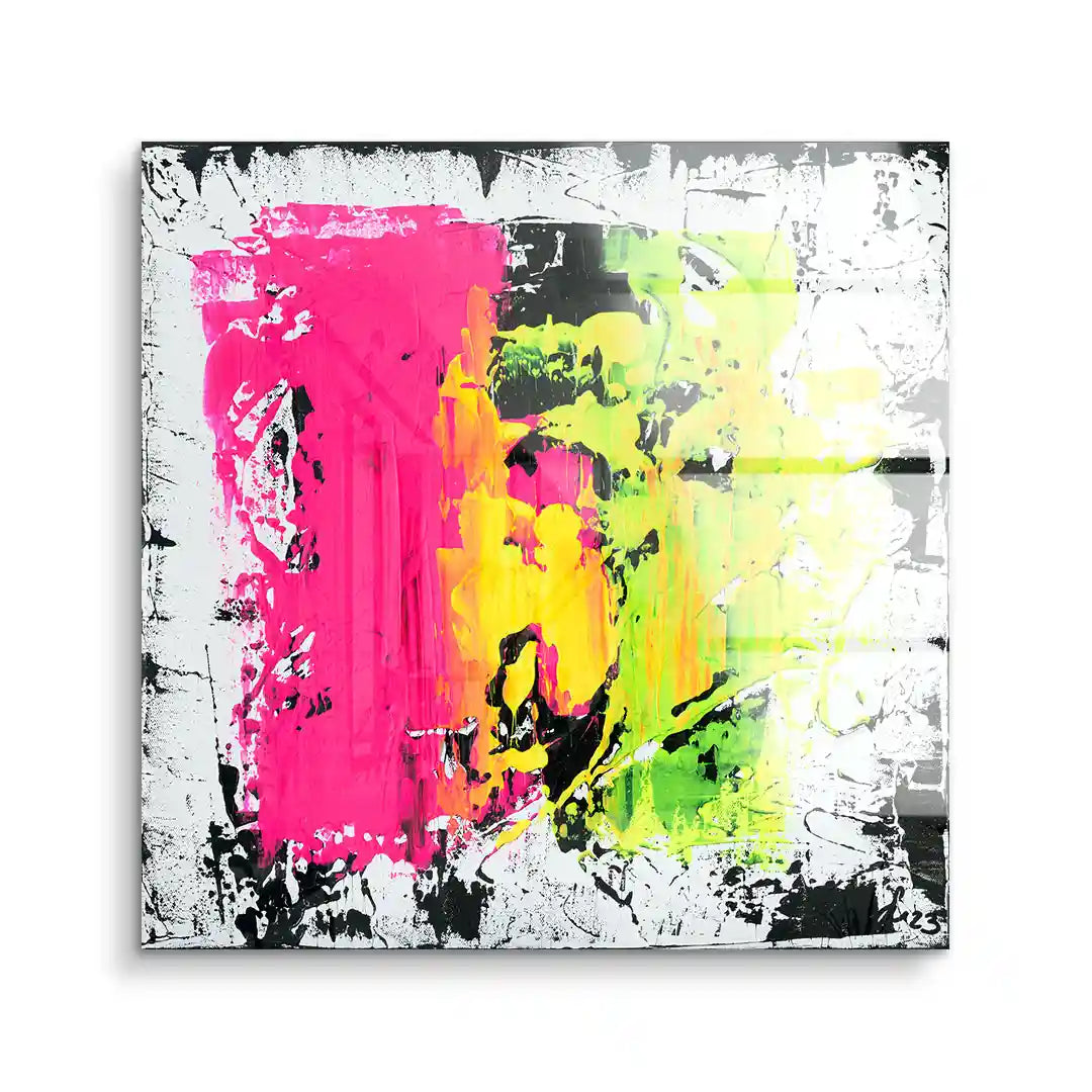 Abstraktes Wandbild mit leuchtenden Farben in Pink, Gelb, Grün auf weiß-schwarzem Hintergrund