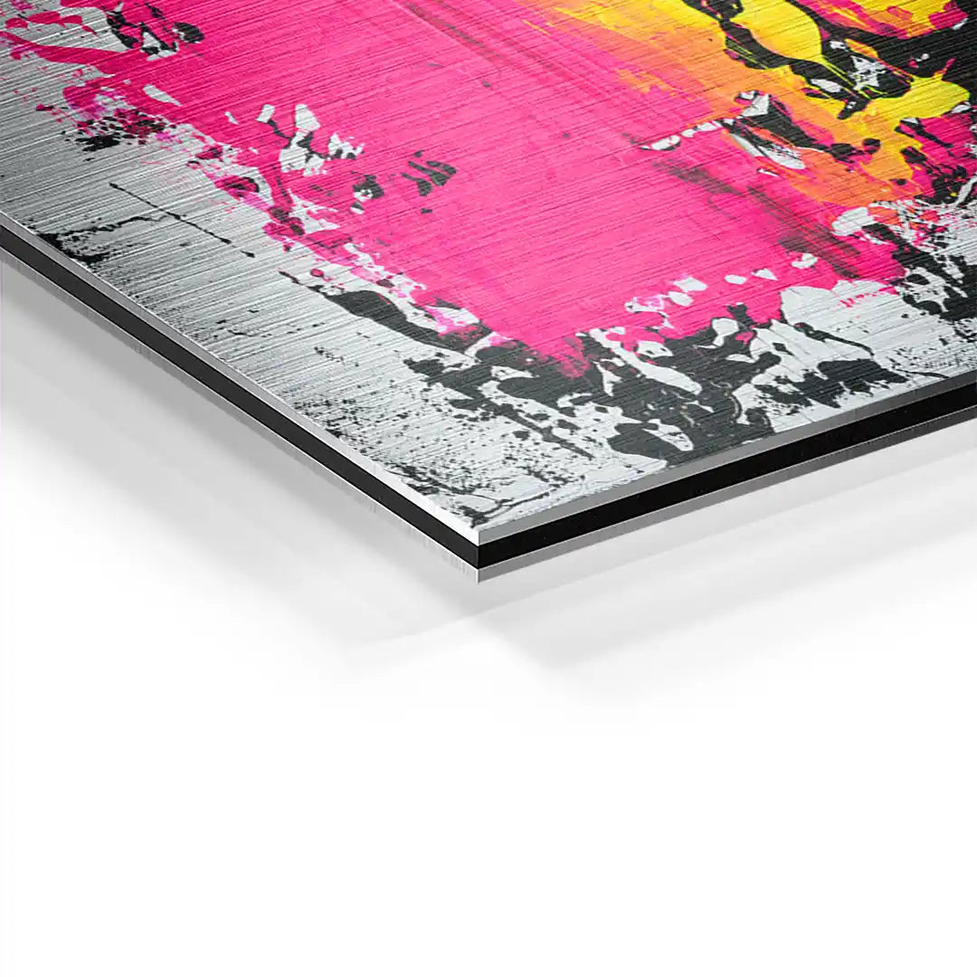 Detailansicht modernes Wandbild auf Aluminium mit pinken, gelben und schwarzen Farbakzenten