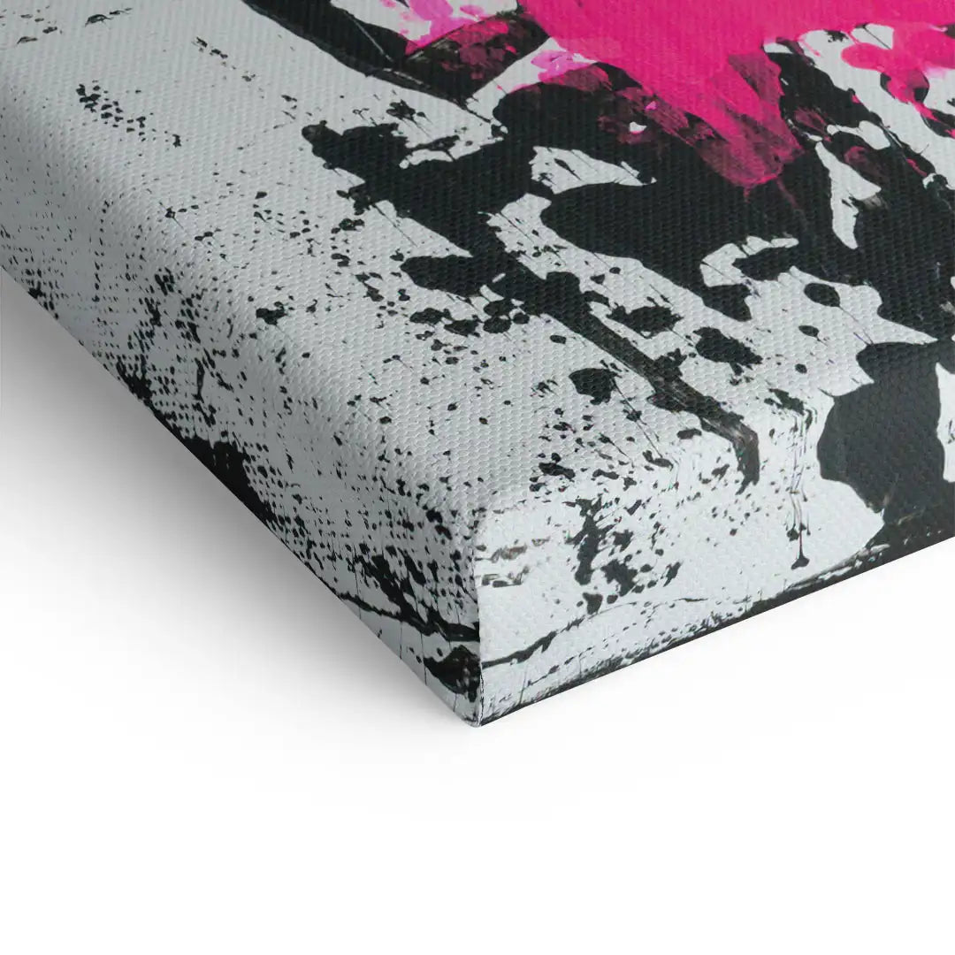 Detailansicht Leinwand Wandbild, abstrakte Kunst mit schwarzen und pinken Farbakzenten