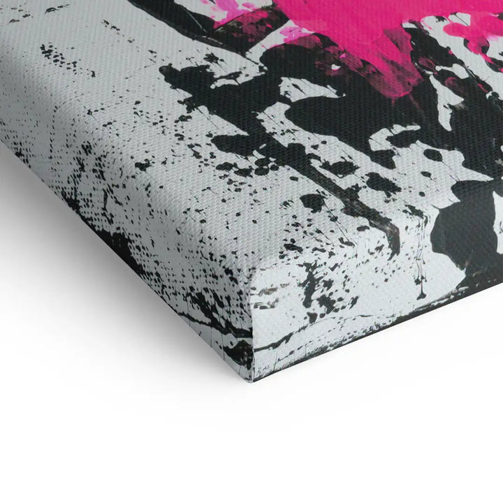 Detailansicht Leinwand Wandbild, abstrakte Kunst mit schwarzen und pinken Farbakzenten