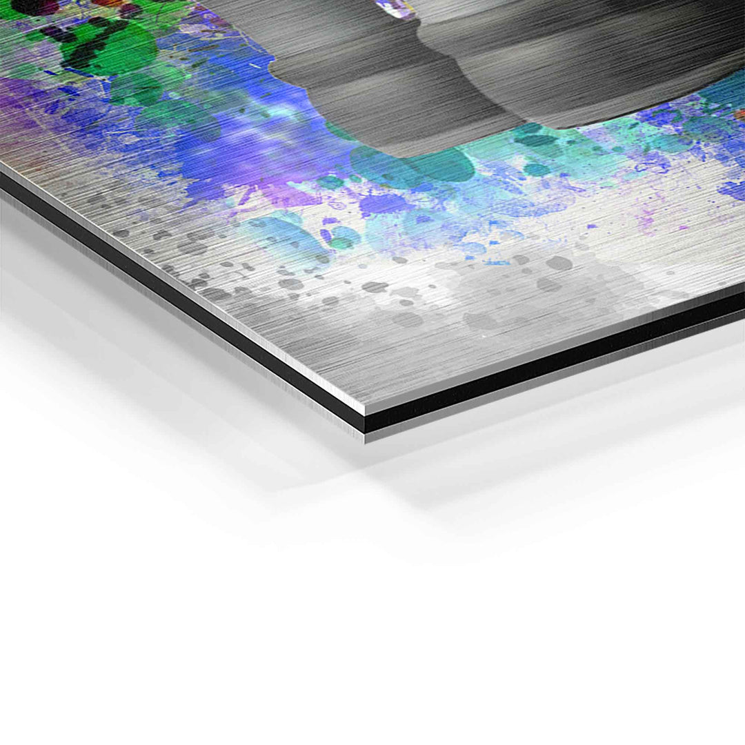 Detailaufnahme Wandbild mit bunter Sprenkeloptik auf gebürstetem Aluminium