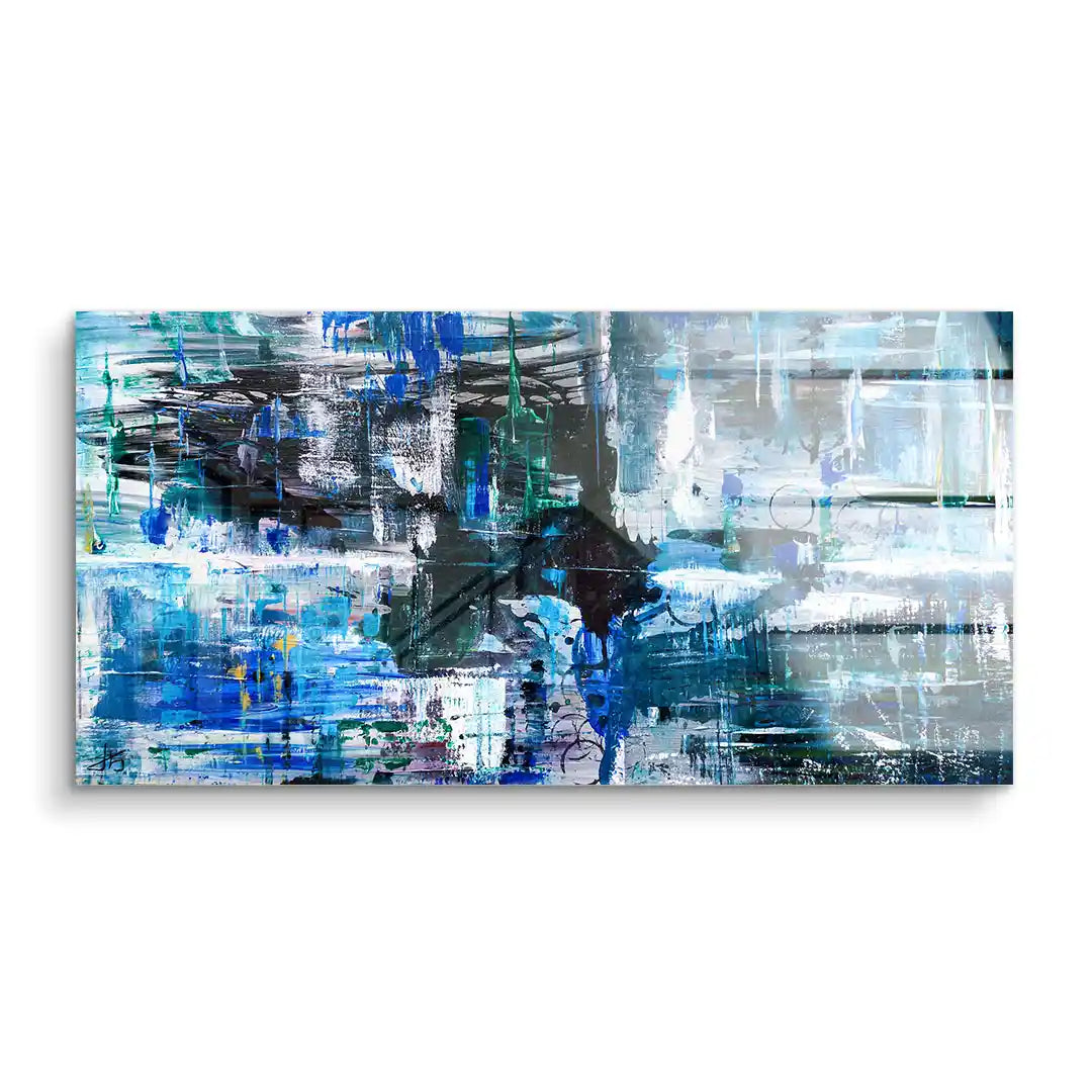 Modernes Acryl Wandbild in Blau mit abstrakten Spiegelungen und dynamischen Pinselstrichen