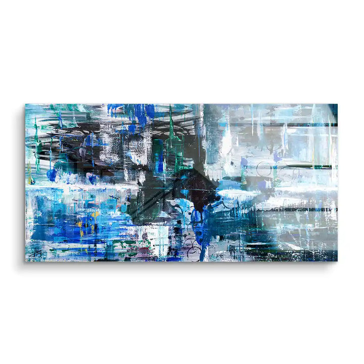 Modernes Acryl Wandbild in Blau mit abstrakten Spiegelungen und dynamischen Pinselstrichen