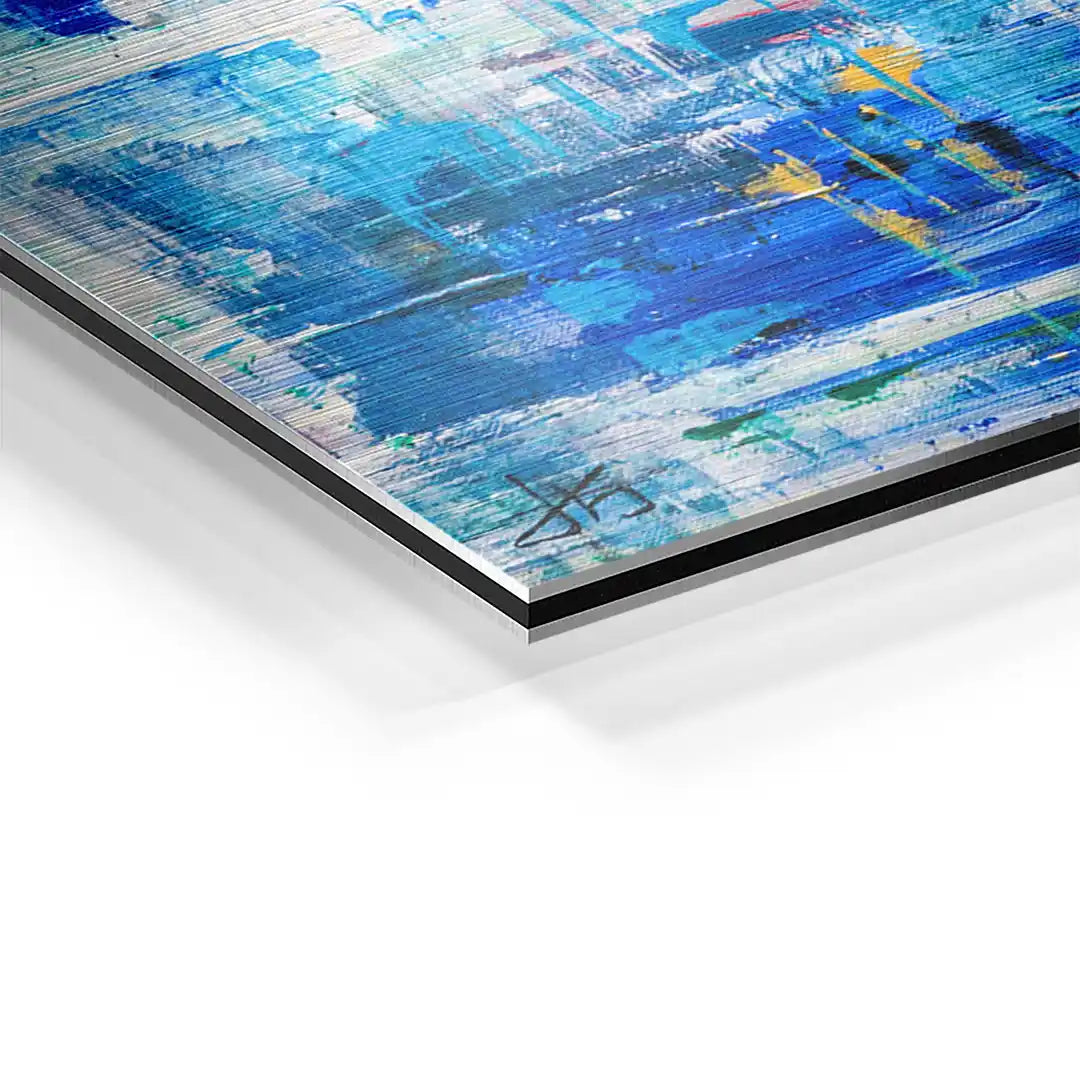 Modernes Wandbild mit blauer abstrakter Kunst auf Aluminium, Nahaufnahme Detail