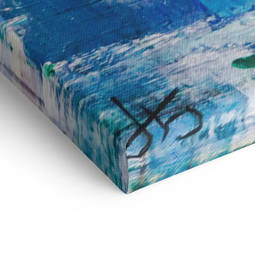 Detailansicht eines Leinwandbilds mit abstrakter blauer Kunst und strukturierter Oberfläche