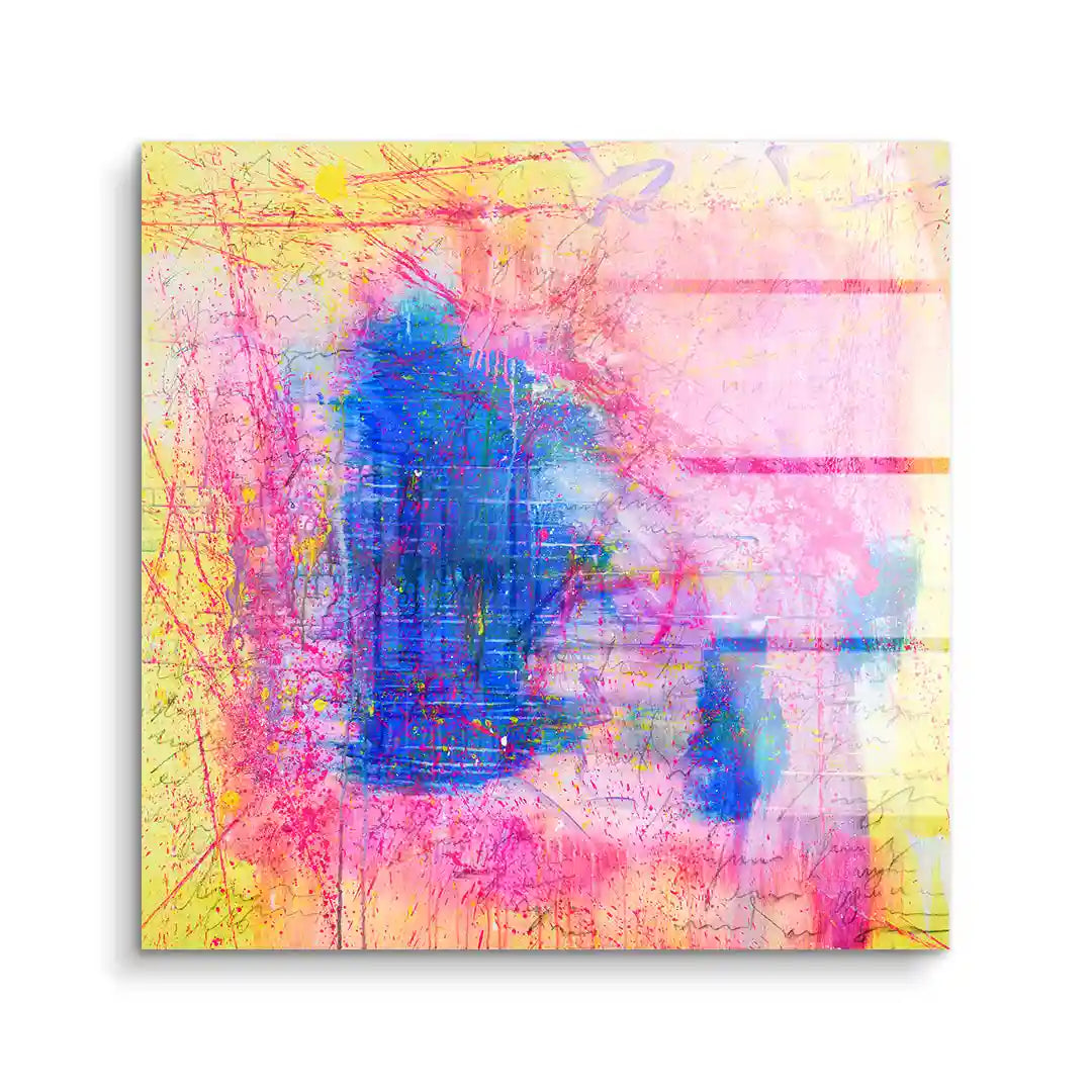 Abstraktes Acryl Wandbild mit bunten Farbspritzern in Blau, Pink und Gelb, modernes Kunstwerk