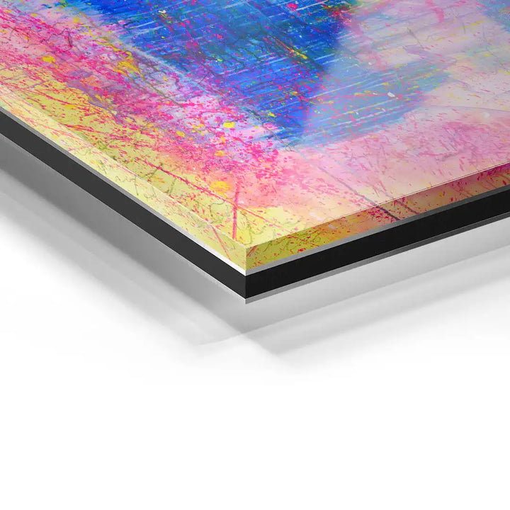 Detailaufnahme Acrylglas-Wandbild mit bunten abstrakten Farbspritzern, moderne Kunst