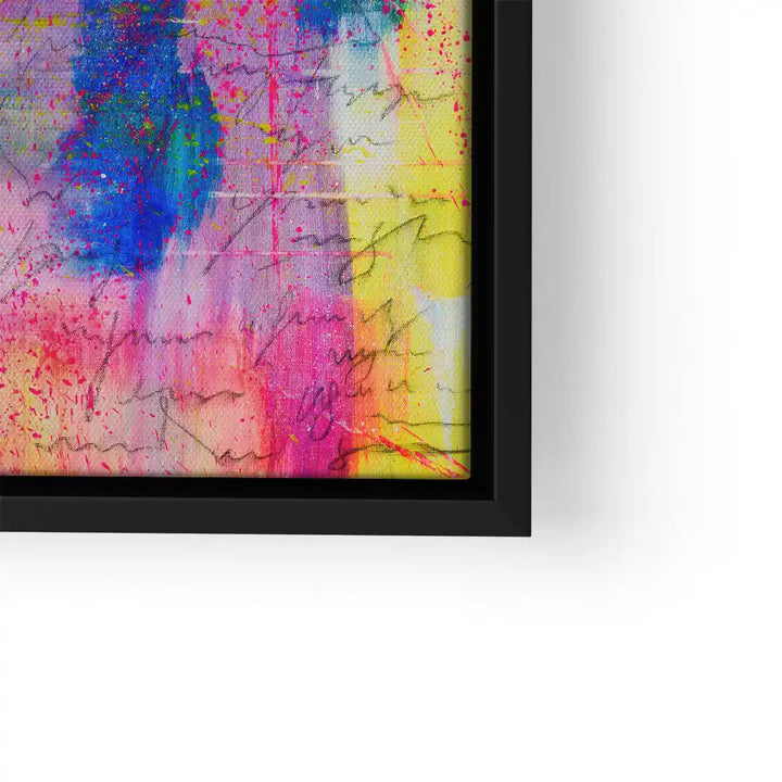 Abstraktes Wandbild mit bunten Farben, Schriftzügen und schwarzem Rahmen
