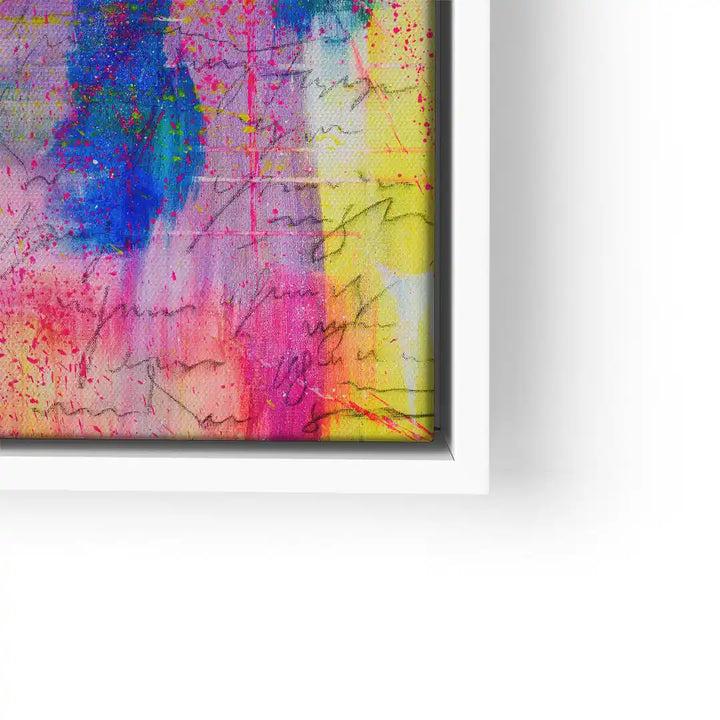 Abstraktes Wandbild in bunten Farben mit Farbverlauf, Schriftzügen und weißem Rahmen
