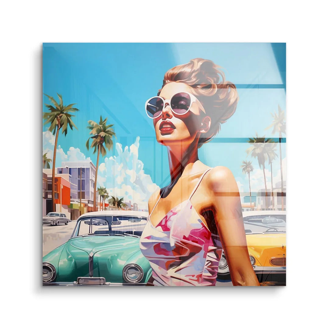 Modernes Acrylbild Frau mit Sonnenbrille, Retro-Autos, Palmen und Sommerstimmung