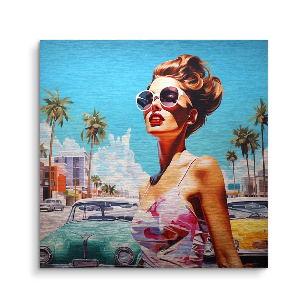 Retro Pop Art Wandbild mit Frau in Sonnenbrille, Palmen, Oldtimer und Sommeratmosphäre