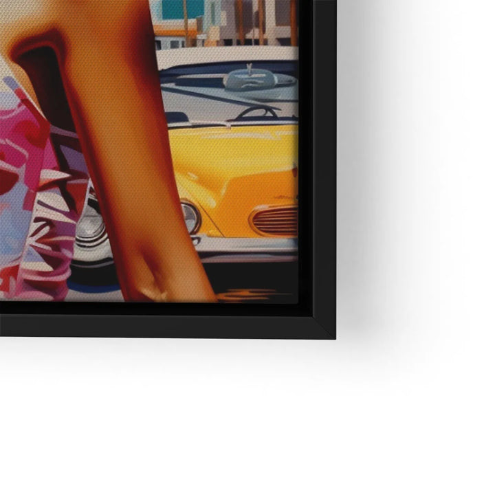 Detail eines Wandbilds mit gelbem Oldtimer, urbanem Hintergrund und bunter Pop Art-Figur