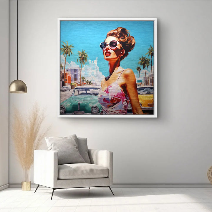 Modernes Wandbild mit retro Frau, Sonnenbrille, Oldtimer und Palmen, Wohnzimmer-Deko