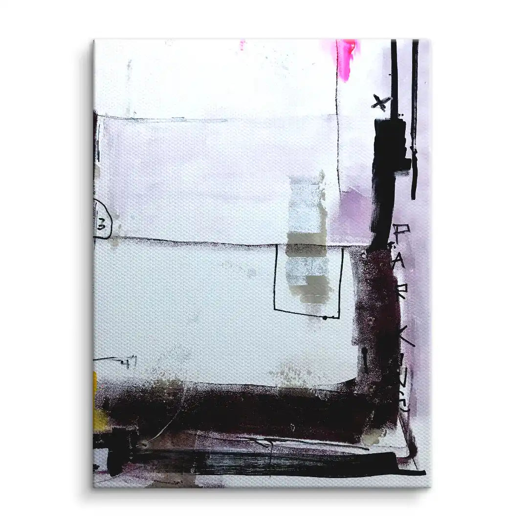 Abstraktes Wandbild auf Leinwand mit weißen, schwarzen und lila Farbflächen, modern