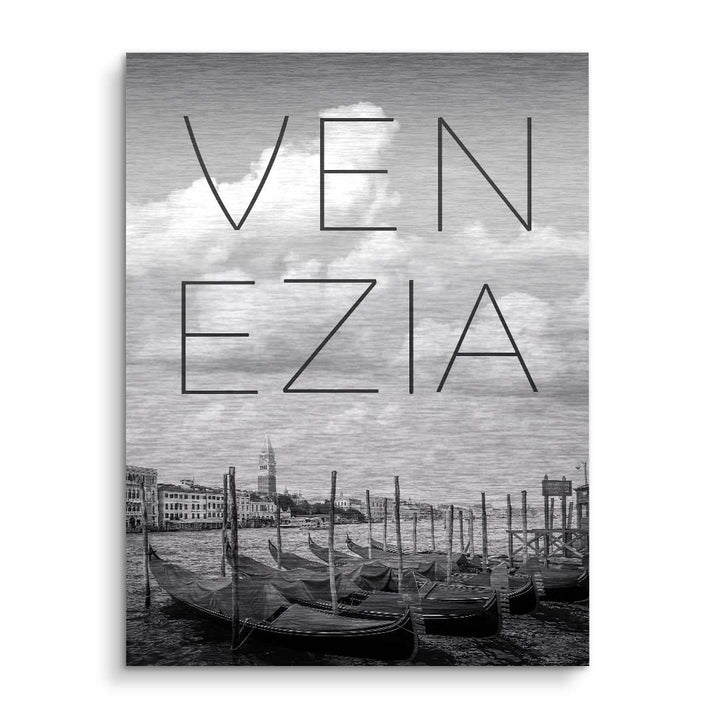 Schwarz-weiß Wandbild mit Venedig-Gondeln, Skyline und großem 'Venezia'-Schriftzug