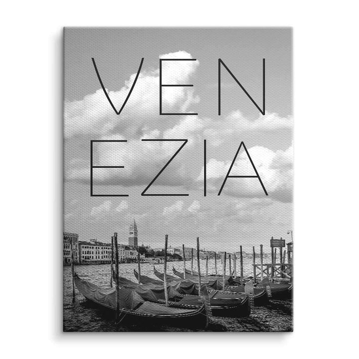 Schwarz-weiß Venedig Wandbild mit Gondeln und großem Schriftzug VENEZIA, dekorative Kunst