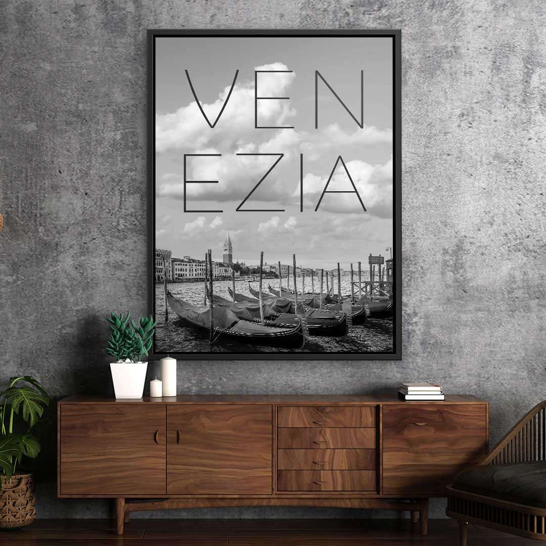 Schwarzweißes Wandbild Venedig mit Gondeln und Skyline, modernes Wohnzimmer-Dekor