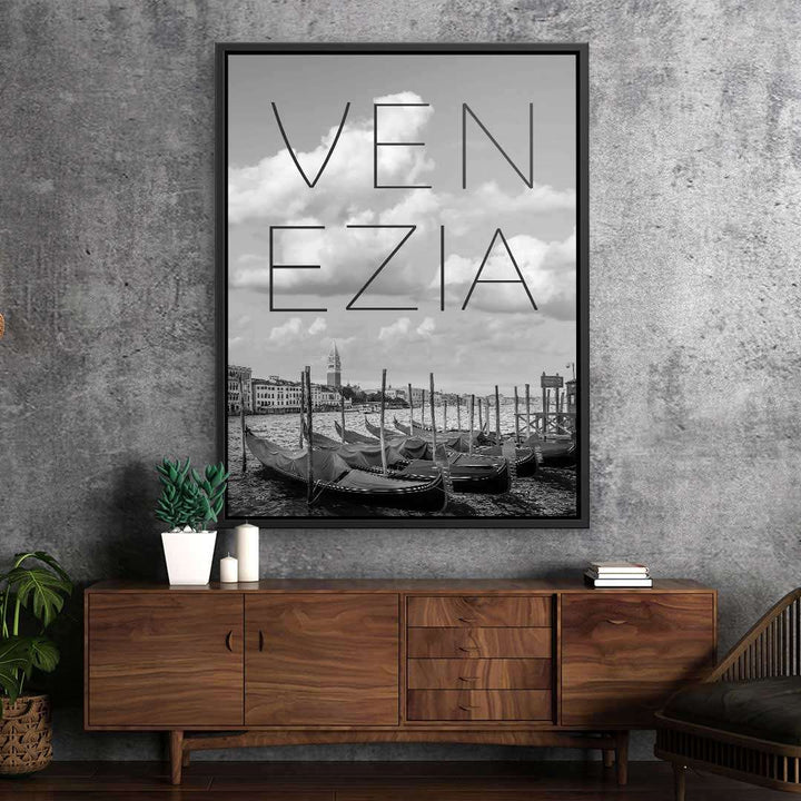 Schwarzweißes Wandbild Venedig mit Gondeln und Skyline, modernes Wohnzimmer-Dekor