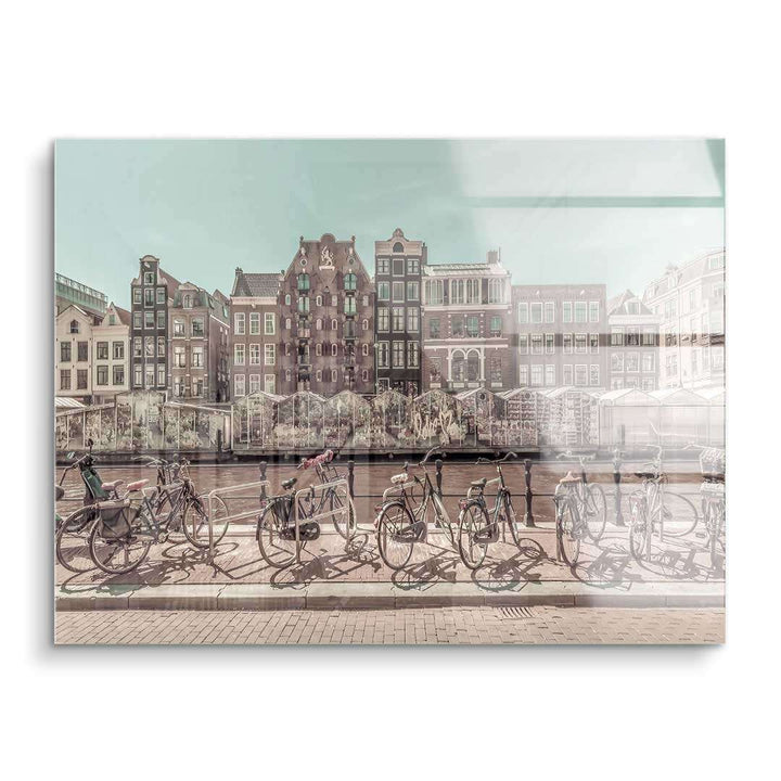 Vintage Wandbild von Amsterdam mit Fahrrädern am Kanal und historischen Häusern, Acrylglas