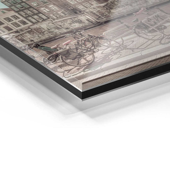 Detailansicht Acrylglas-Wandbild Vintage Amsterdam mit Fahrrädern am Kanal