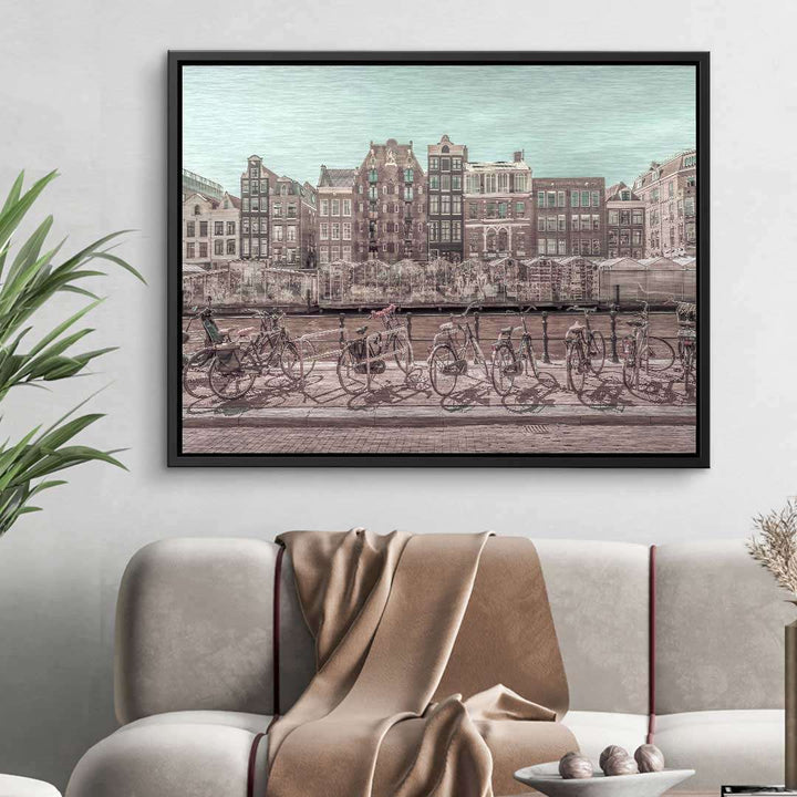 Wandbild Amsterdam Vintage mit Grachtenhäusern und Fahrrädern, urbanes Kunstwerk