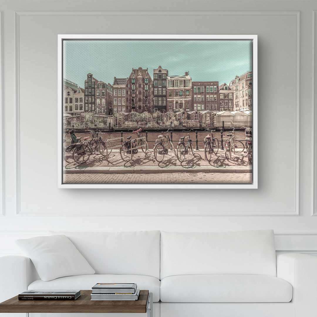Vintage Wandbild Amsterdam mit Fahrrädern am Kanal, stilvolle Kunst für Wohnzimmer