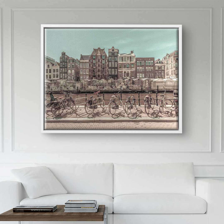 Vintage Wandbild Amsterdam mit Fahrrädern am Kanal, stilvolle Kunst für Wohnzimmer