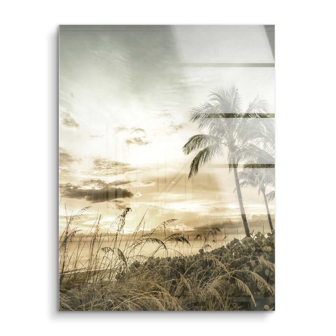 Vintage Acrylbild mit Palmen am Strand, Sonnenuntergang und Gräsern im Vordergrund
