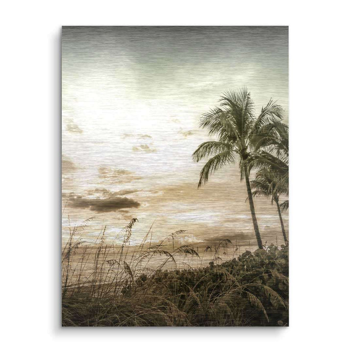 Vintage Wandbild mit Palmen, Strand, Sonnenuntergang und sanften Naturtönen