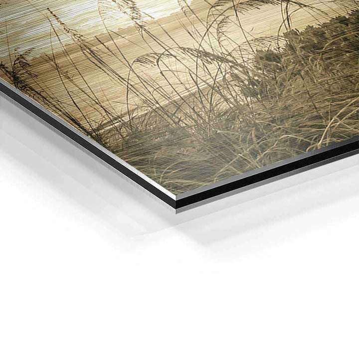 Detailansicht Wandbild Vintage Bonita Beach auf Aluminium, Naturmotiv mit Gräsern