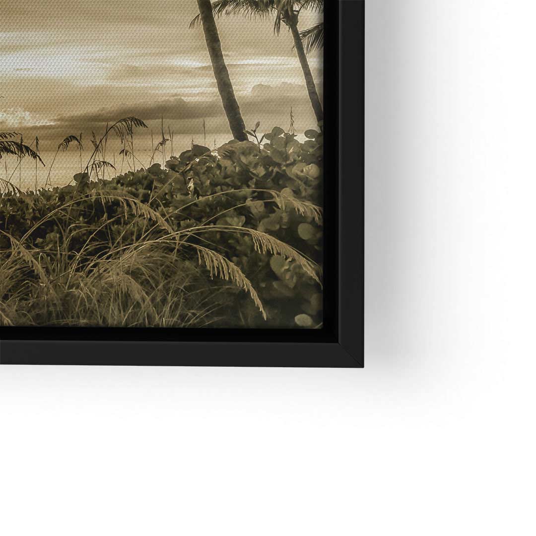 Vintage Wandbild mit Palmen, Küstenlandschaft und Sonnenuntergang in Sepiafarben