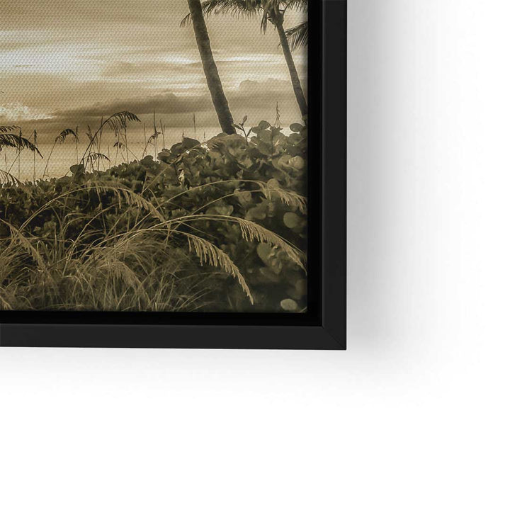 Vintage Wandbild mit Palmen, Küstenlandschaft und Sonnenuntergang in Sepiafarben