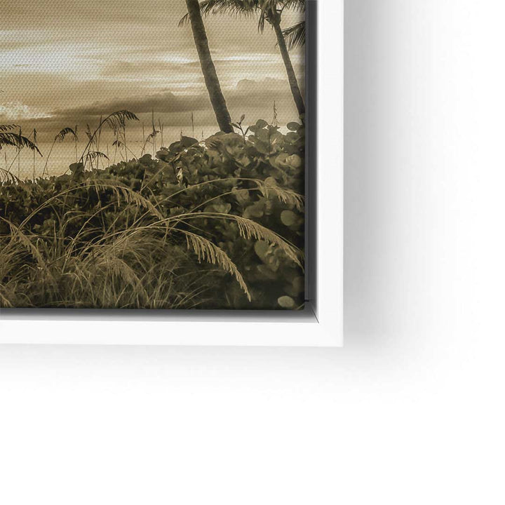 Vintage Strand Wandbild mit Palmen, Gräsern und Himmel im Sepia-Look, modern gerahmt